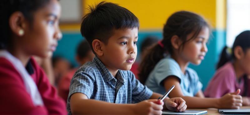 Niños tabasqueños aprendiendo con tablets y computadoras en escuela pública